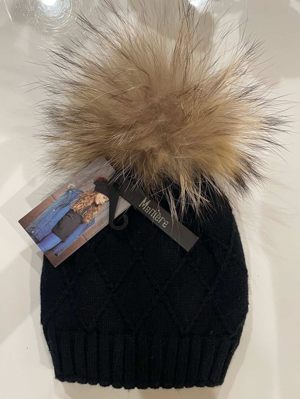 Manière Girls Black Wool-Blend & Real Raccoon Pom Pom ~ Small (1-3yrs old) NWT